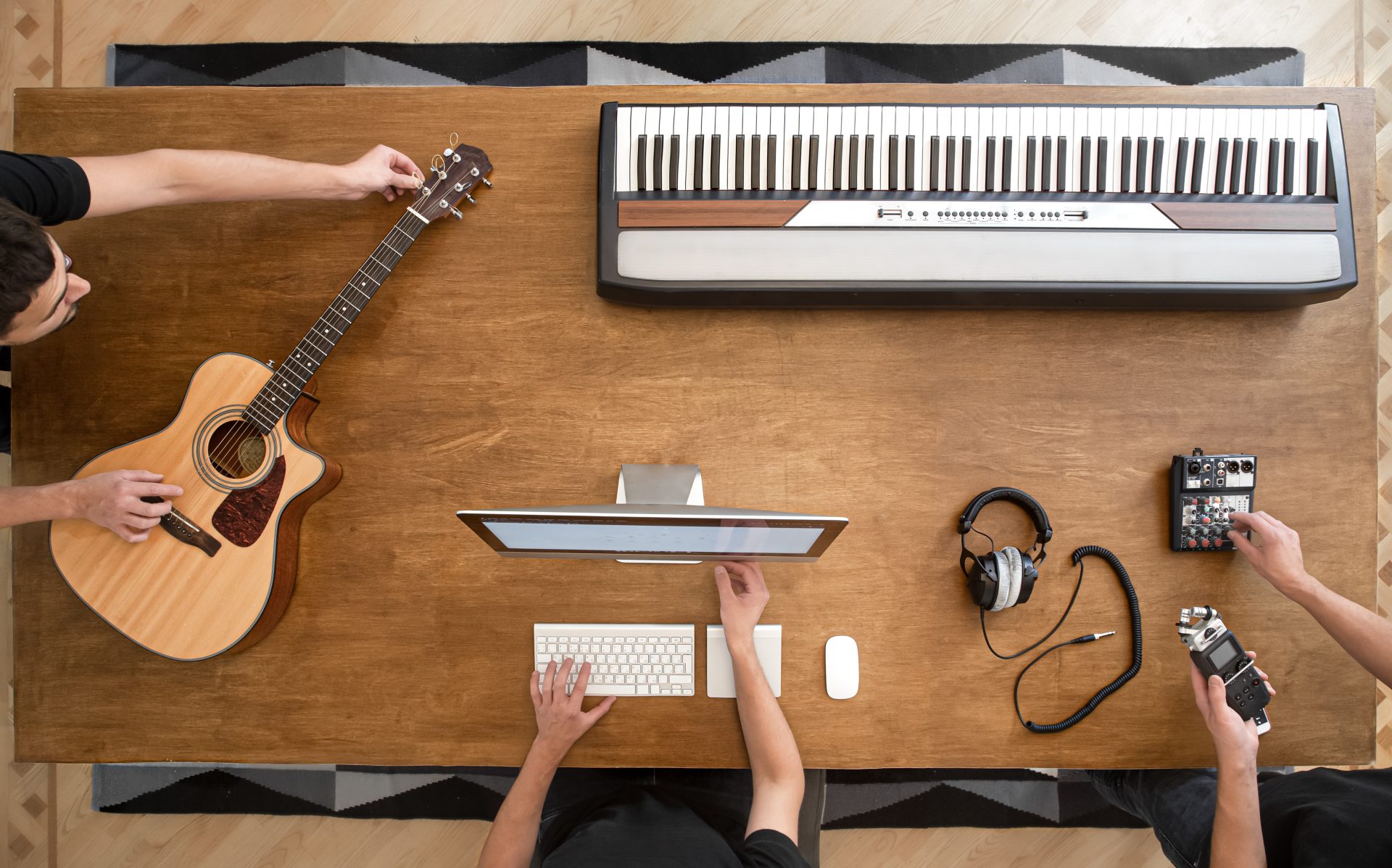 top view of a wooden table with musical instrument 2023 11 27 05 04 08 utc