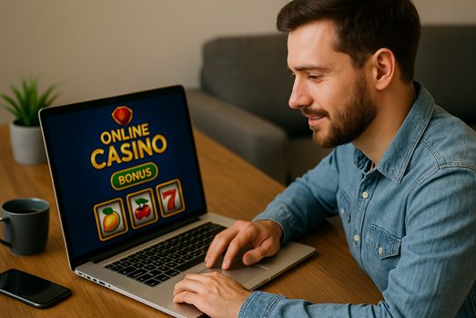 Hombre joven jugando en un casino online desde su laptop en casa